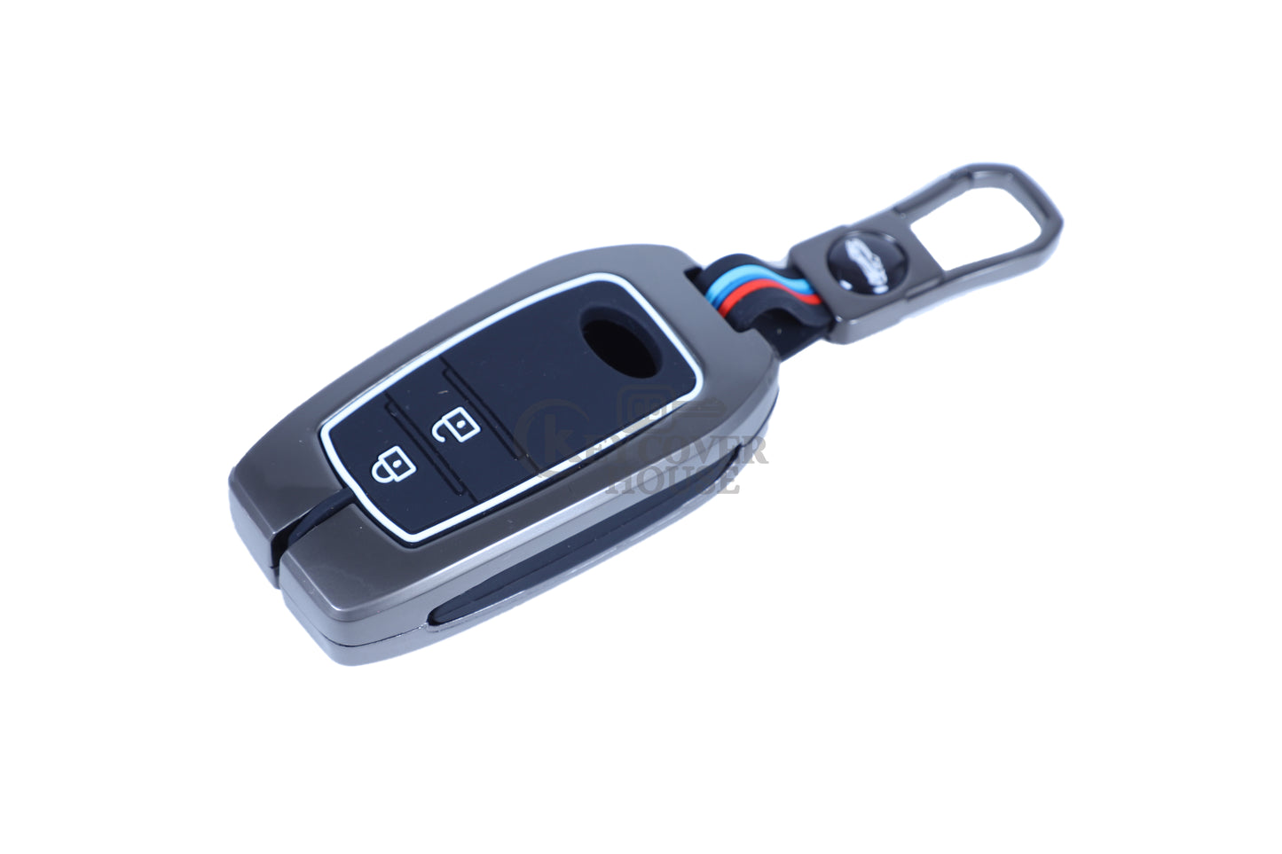 KEY COVER HOUSE Metal Striped Key Cover And Key Chain Compatible For Fortuner/Innova Crysta 2 Button smart key