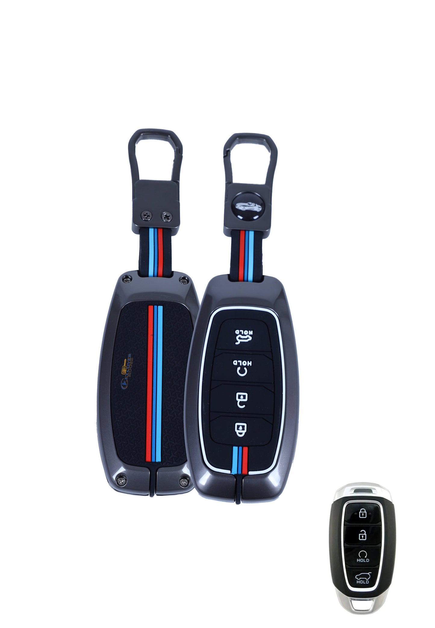 KEY COVER HOUSE Metal Striped Key Cover And Key Chain Compatible For Hyundai Verna 2024 2023 | i20 Facelift N Line,N8 Car,4 button smart key