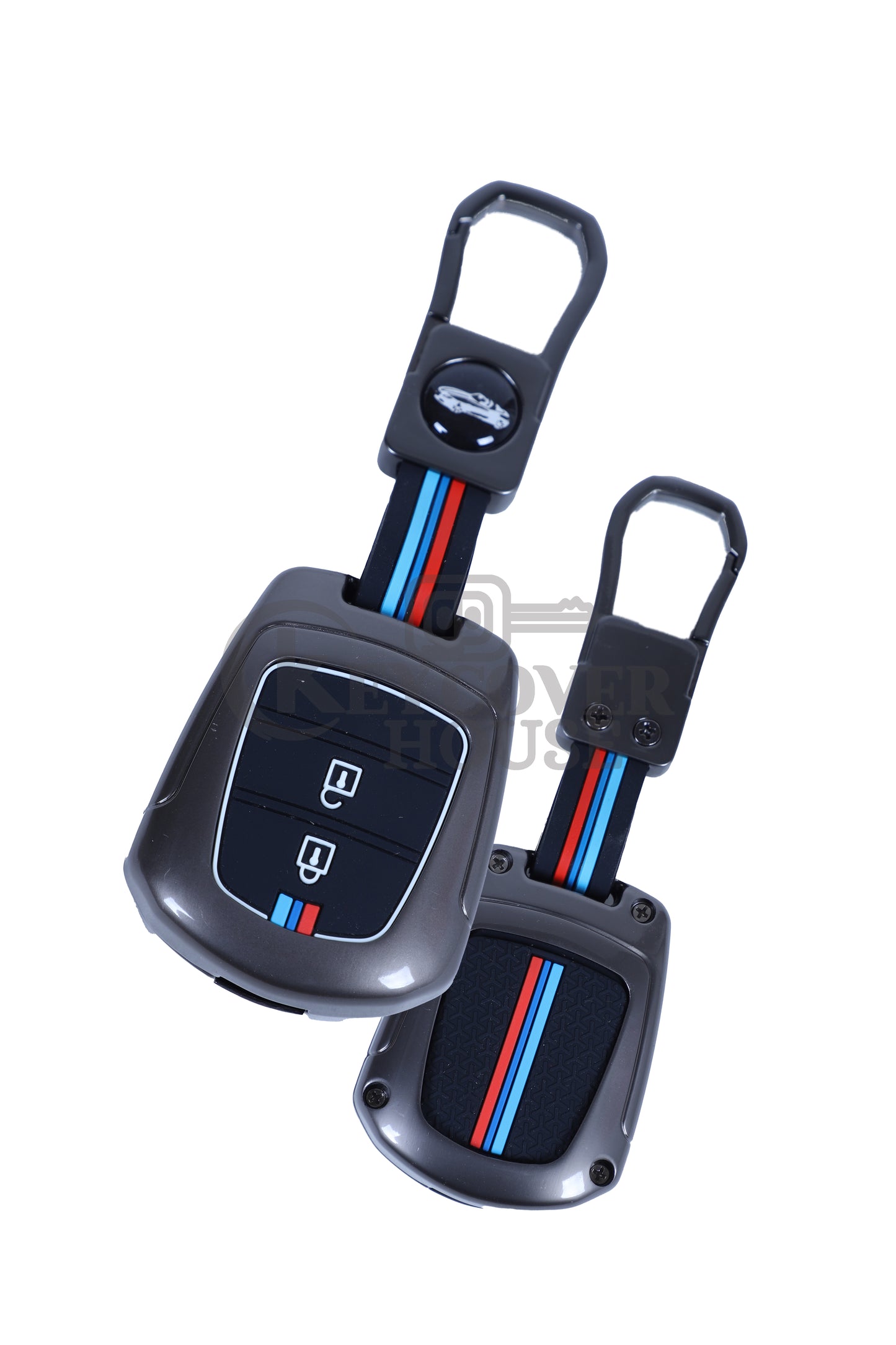 KEY COVER HOUSE Metal Striped Key Cover And Key Chain Compatible For I10 Grand | Santro | Eon 2 Button Smart