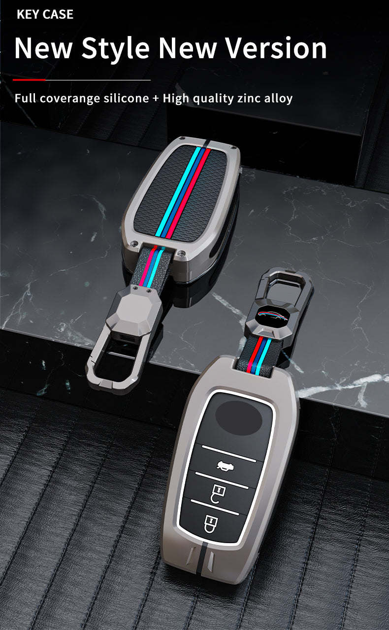 KEY COVER HOUSE Metal Striped Key Cover And Key Chain Compatible For Fortuner/Innova Crysta,Fortuner, Fortuner Legender, Land Cruiser, Camry, Invicto 3 Button Smart Key