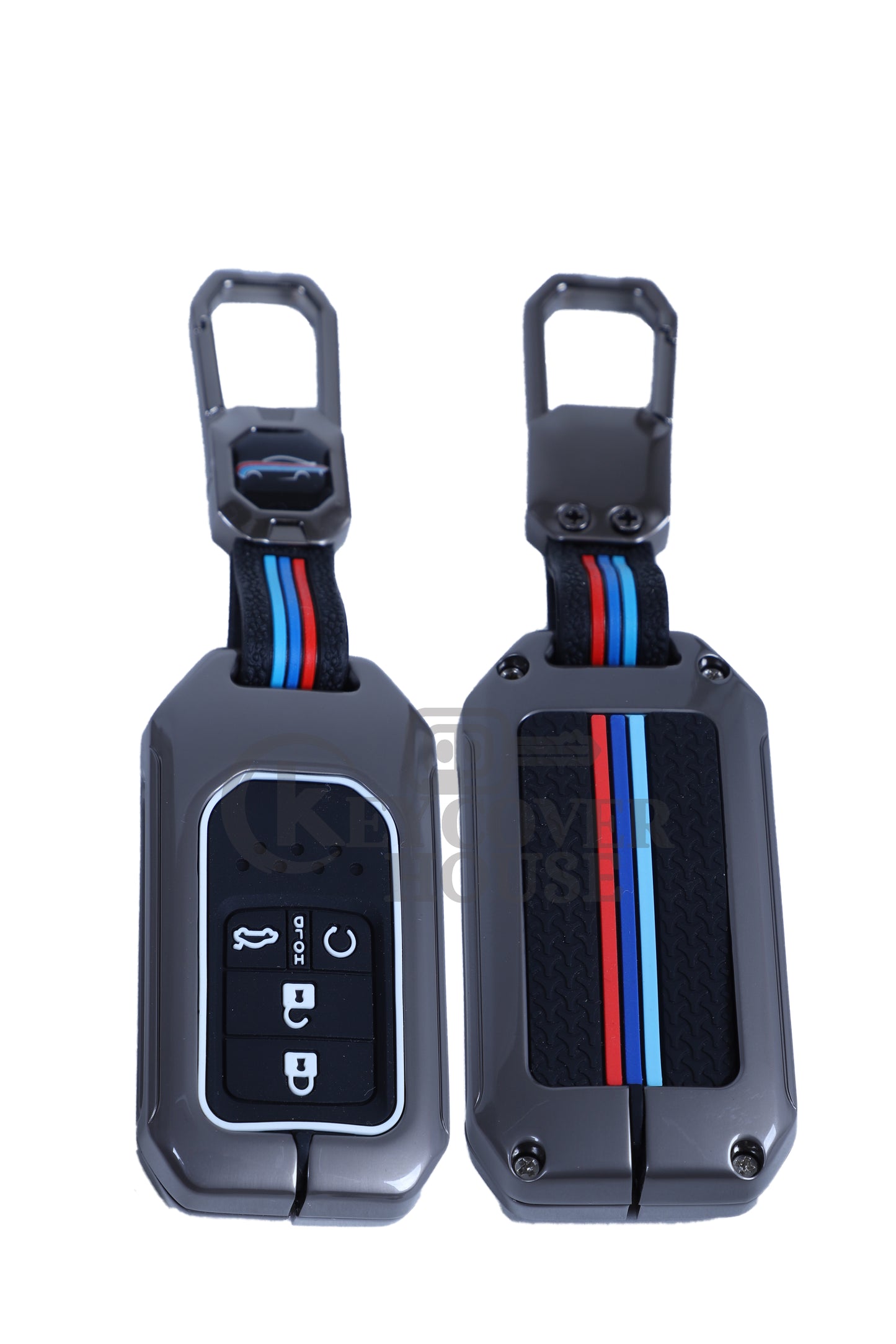 KEY COVER HOUSE Metal Striped Key Cover And Key Chain Compatible For Honda "Accod/BR-V/City/Civic/ CR-V/Jazz/WR-V"4 button Smart Key