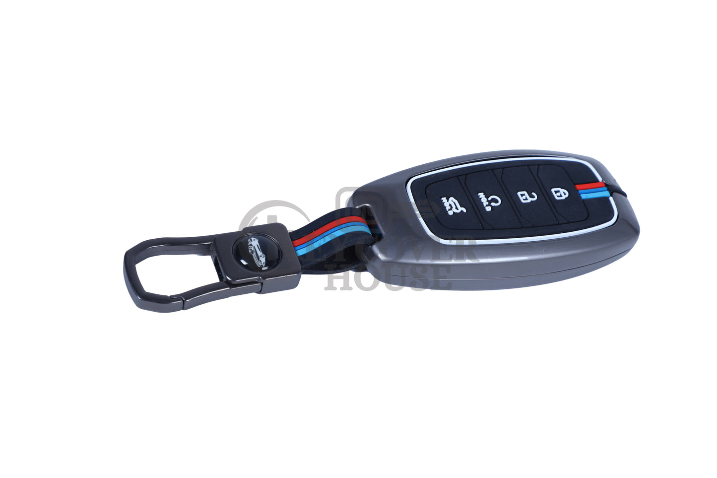 KEY COVER HOUSE Metal Striped Key Cover And Key Chain Compatible For Hyundai Verna 2024 2023 | i20 Facelift N Line,N8 Car,4 button smart key