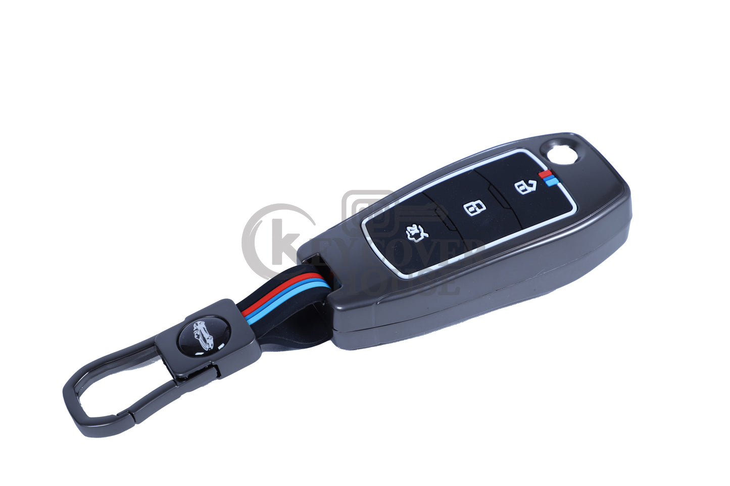 KEY COVER HOUSE Metal Striped Key Cover And Key Chain Compatible For Ford Endeavour , Figo , Aspire , Freestyle 3 Button Flip Key - Key Cover House