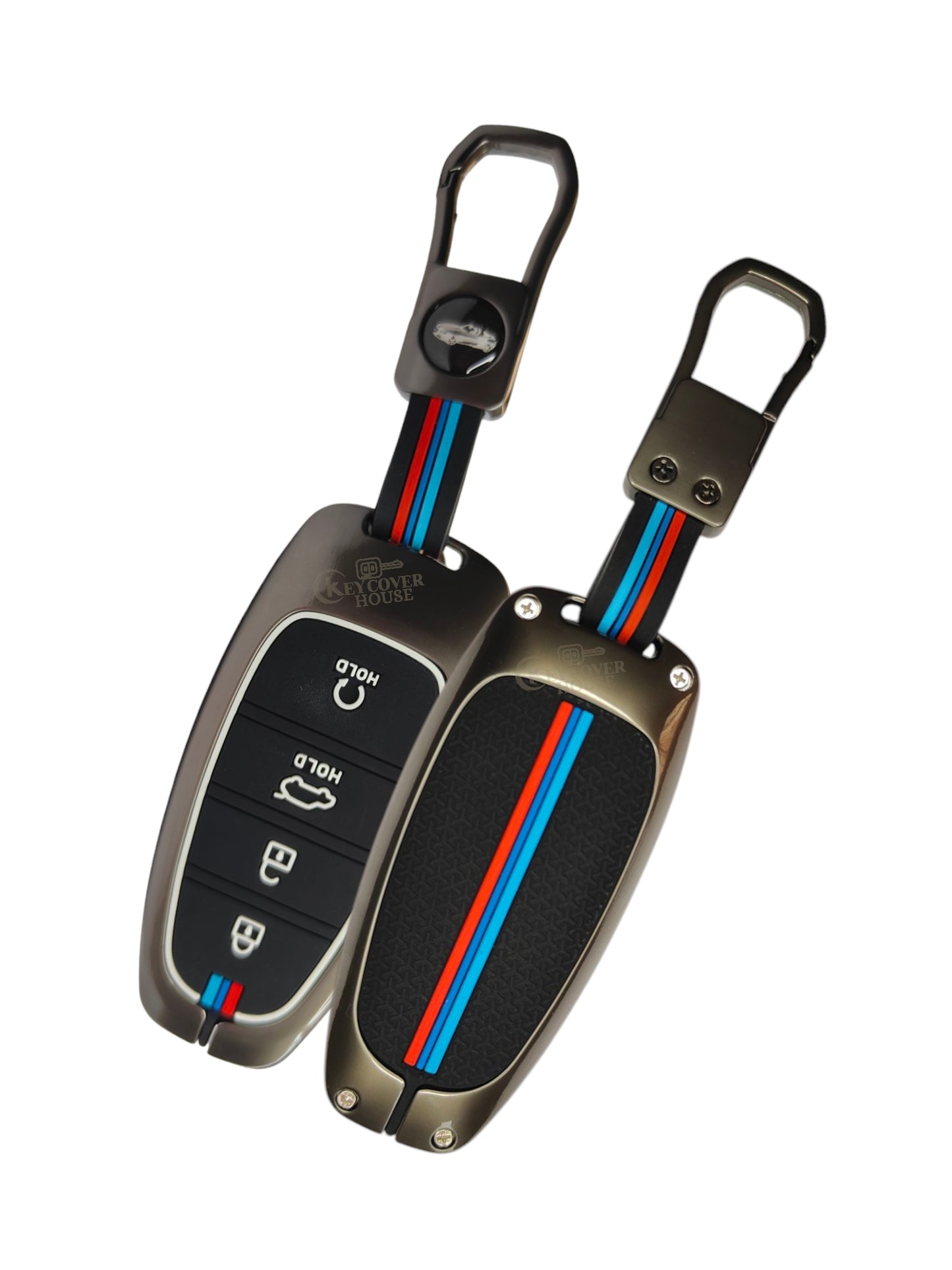 KEY COVER HOUSE Metal Striped Key Cover And Key Chain Compatible For Tucson 4 button smart key