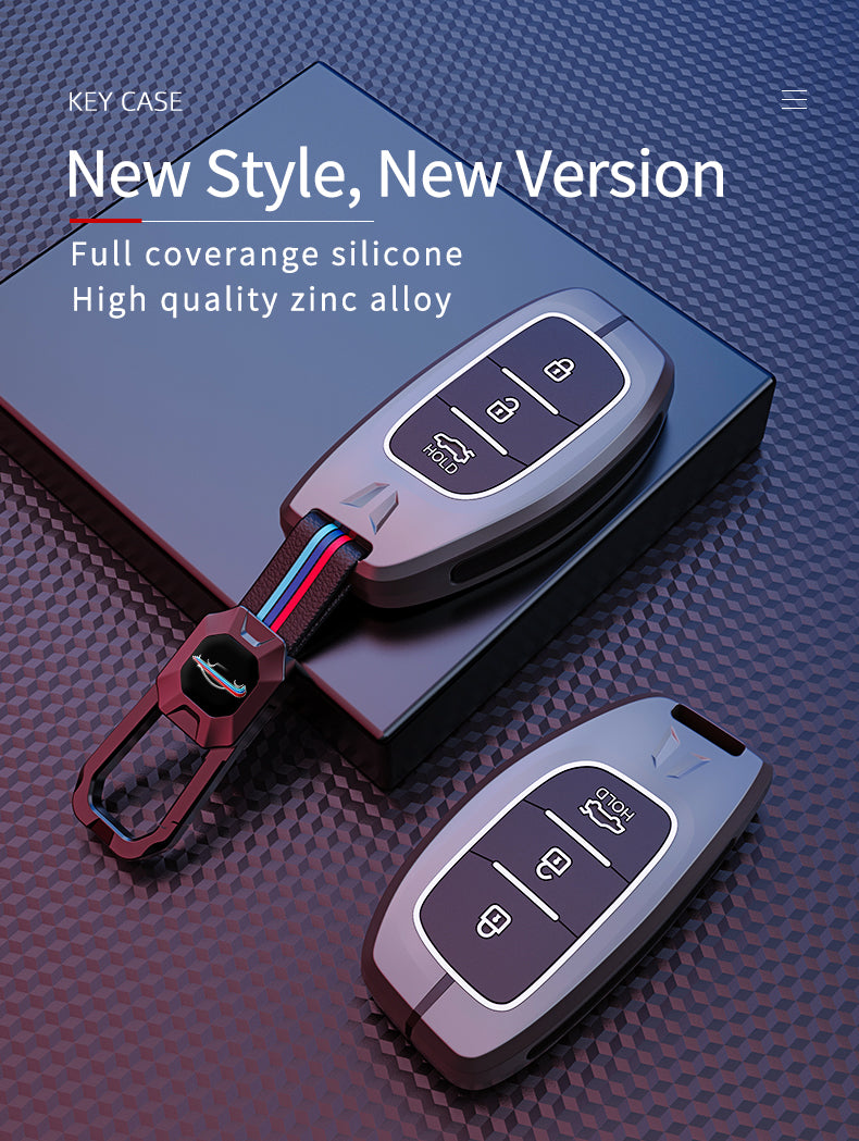KEY COVER HOUSE Metal Striped Key Cover and Key Chain Compatible for Hyundai Creta I Venue I Tucson I Alcazar I Verna I Xcent I Aura I Elantra 3 Button Smart Key