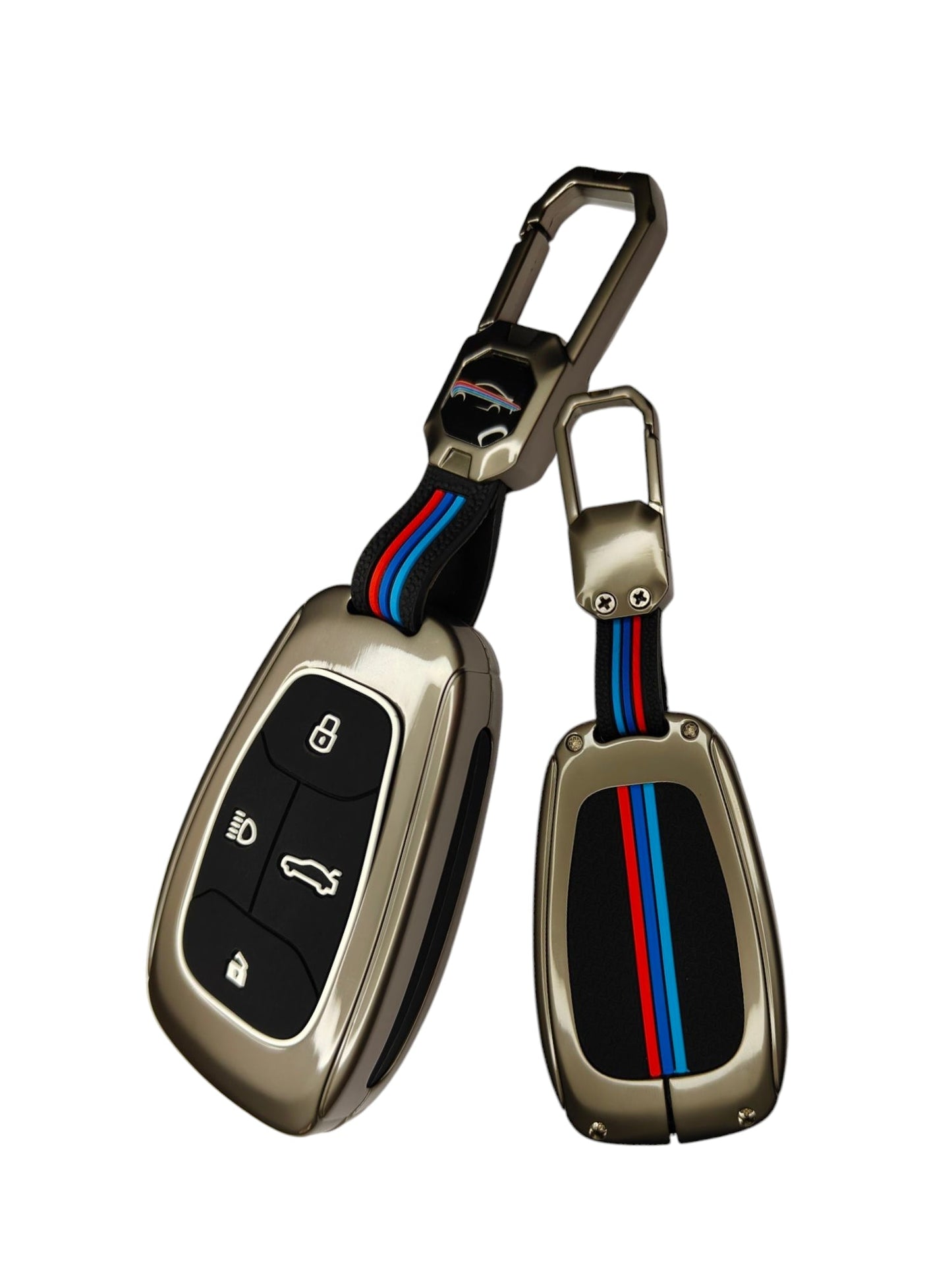 Key Cover House Metal Striped Key Cover And Key Chain Compatible For TATA NEXON and GRAVITAS HARRIER TIGOR BS6 Car 4 Button Smart Key