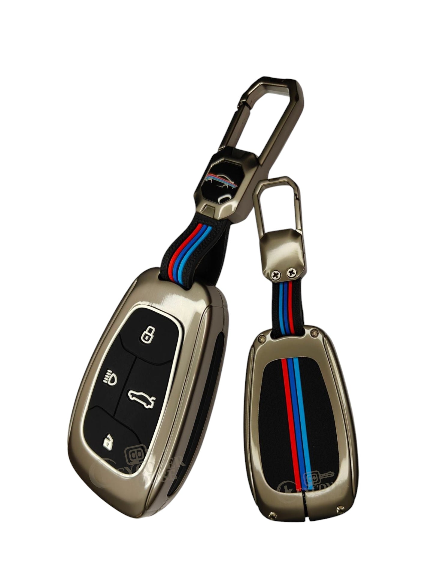 Key Cover House Metal Striped Key Cover And Key Chain Compatible For TATA NEXON and GRAVITAS HARRIER TIGOR BS6 Car 4 Button Smart Key