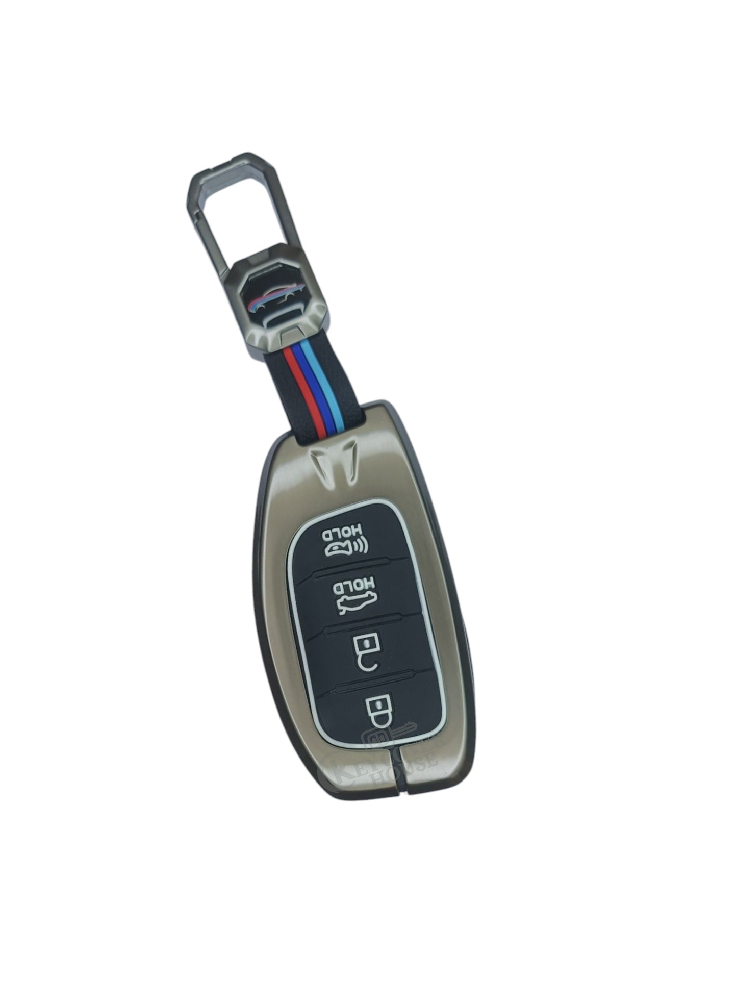 KEY COVER HOUSE Metal Striped Key Cover And Key Chain Compatible For "Creta/Elantra/i20(2021) /Tucson/Venue"4 Button smart key