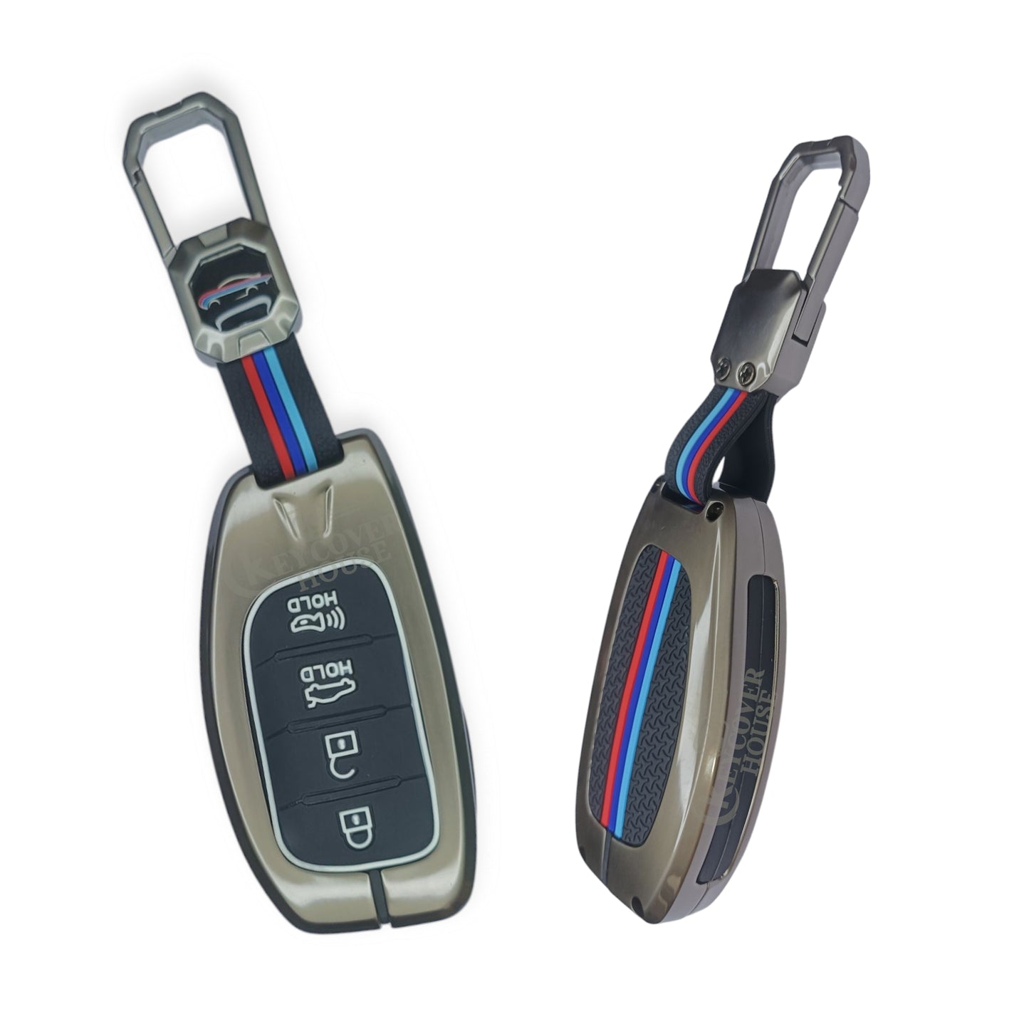 KEY COVER HOUSE Metal Striped Key Cover And Key Chain Compatible For "Creta/Elantra/i20(2021) /Tucson/Venue"4 Button smart key