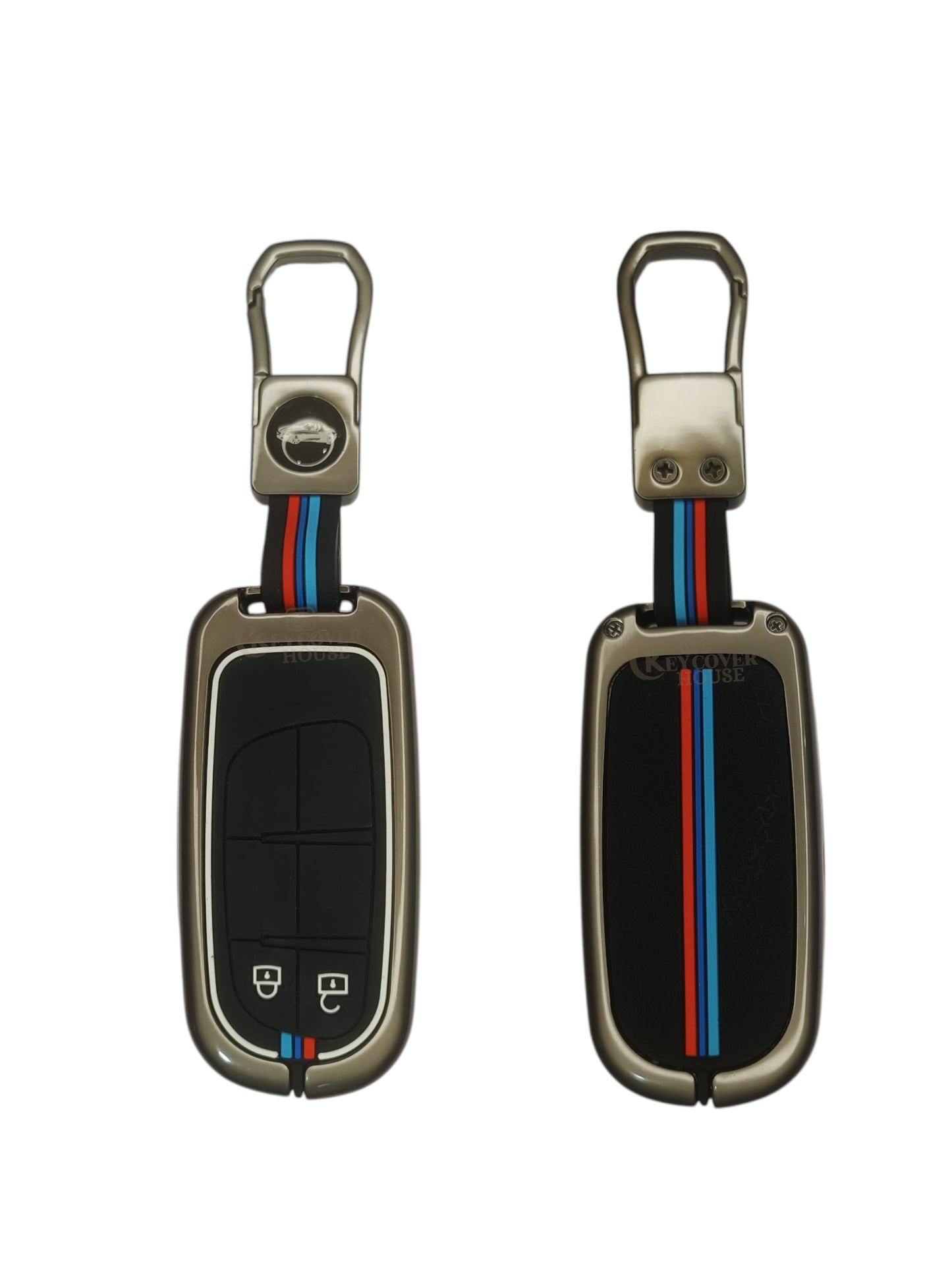KEY COVER HOUSE Metal Striped Key Cover And Key Chain Compatible For Jeep Meridian, Compass, Trailhawk, 2 Button Smart Key