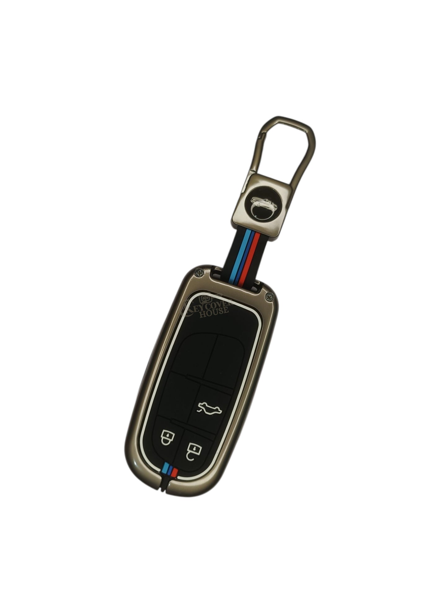 KEY COVER HOUSE Metal Striped Key Cover And Key Chain Compatible For Jeep Meridian, Compass, Trailhawk, 3 Button Smart Key