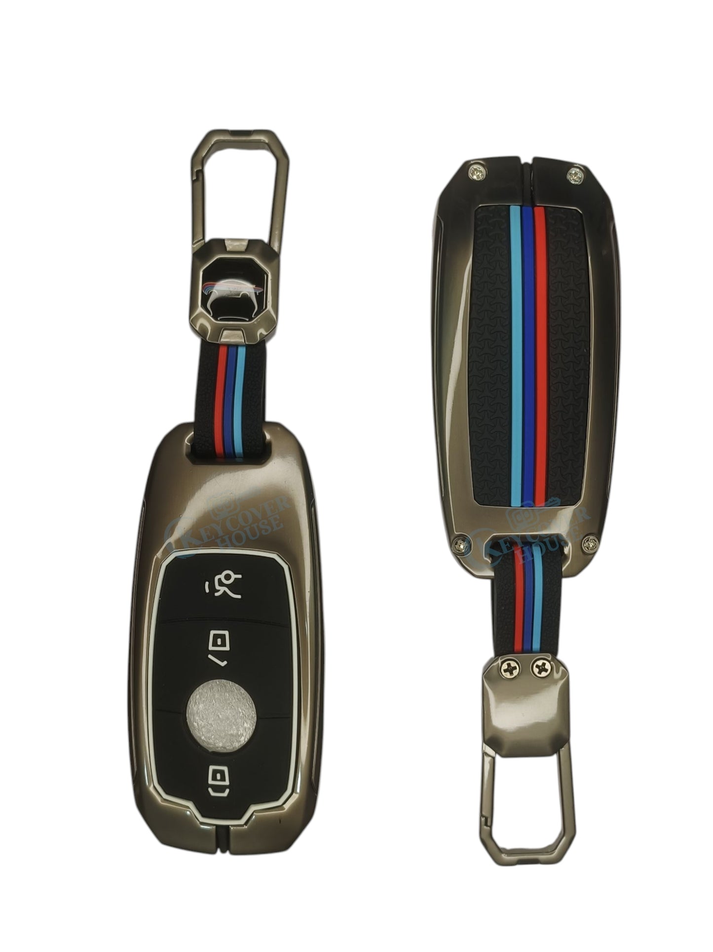 KEY COVER HOUSE Metal Striped Key Cover and Key Chain Compatible for Mercedes Benz A Class, C Class, G Class, E Class, S Class 2020 Onwards Cars New 3 Button Smart Key
