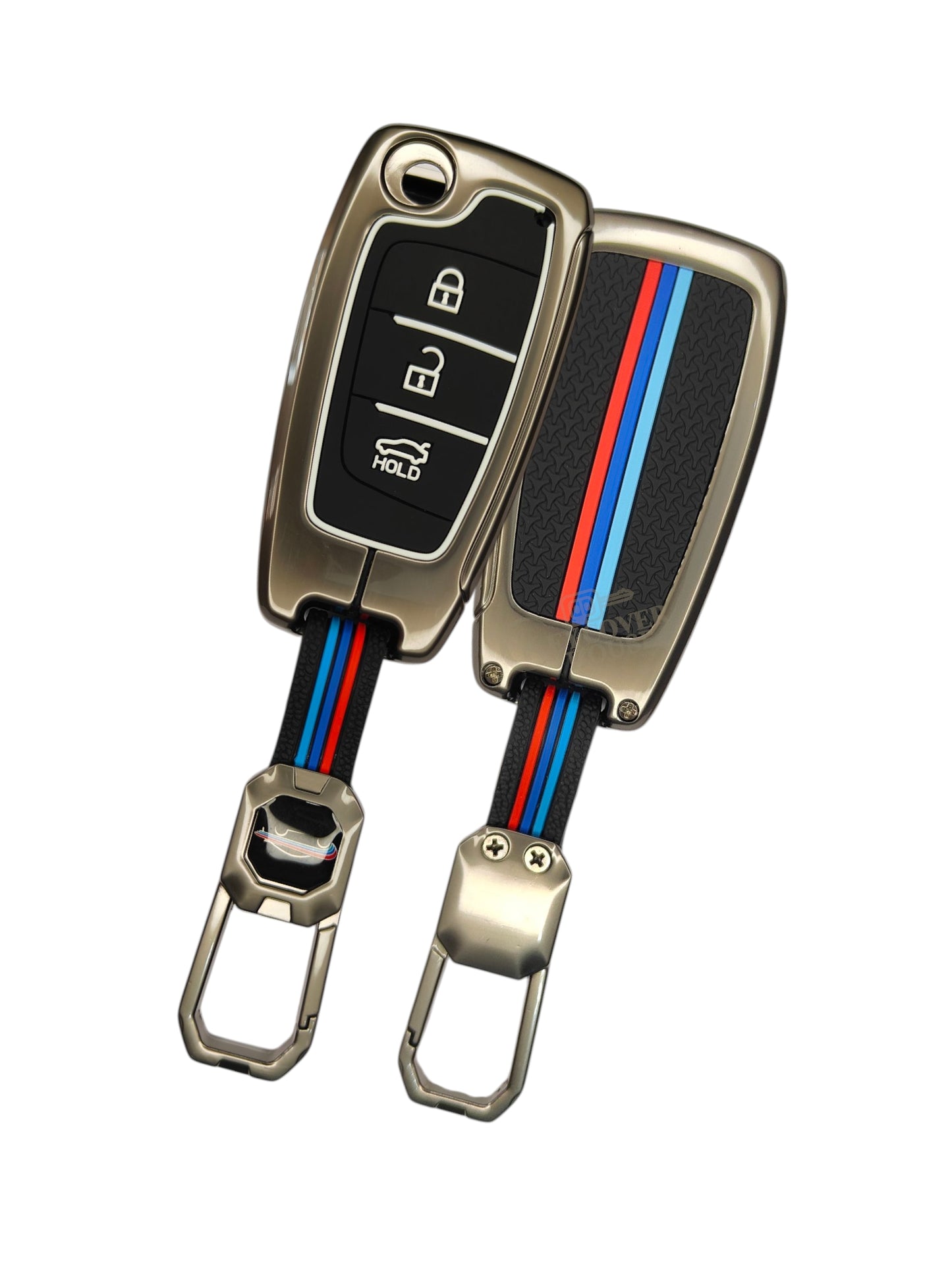 KEY COVER HOUSE Metal Striped Key Cover And Key Chain Compatible For Hyundai Verna I i20 N Line 3 button Flip Key