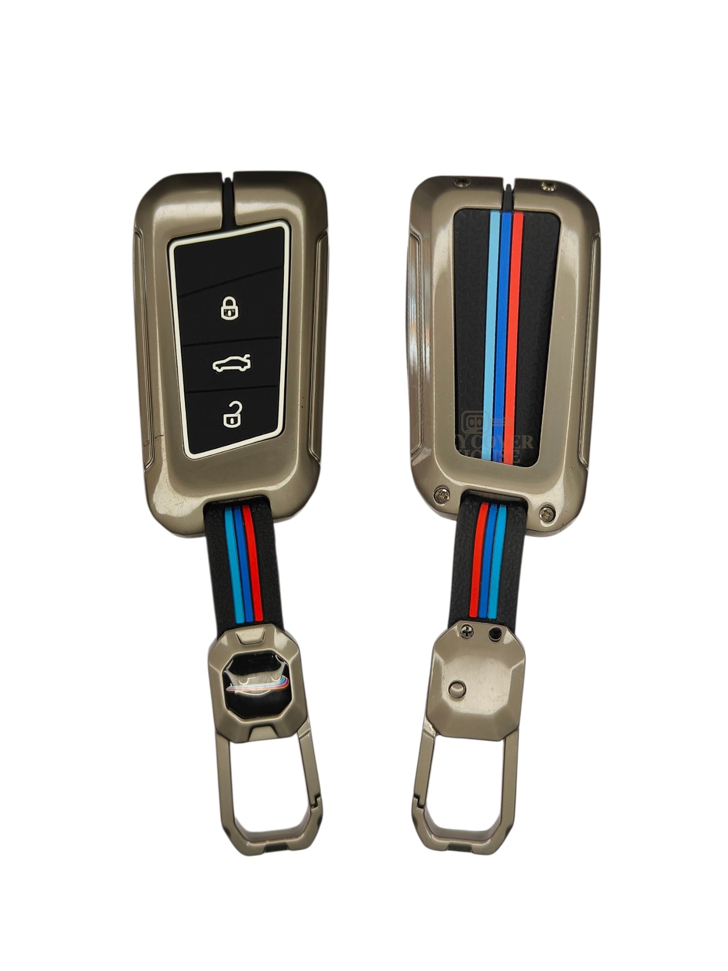 KEY COVER HOUSE Metal Striped Key Cover And Key Chain Compatible For Scoda "Jetta/Karoq/Kodiaq/Octavia/ PassatHighline/Superb/Tiguan/T-Roc/Kushaq"3 Button Smart Key