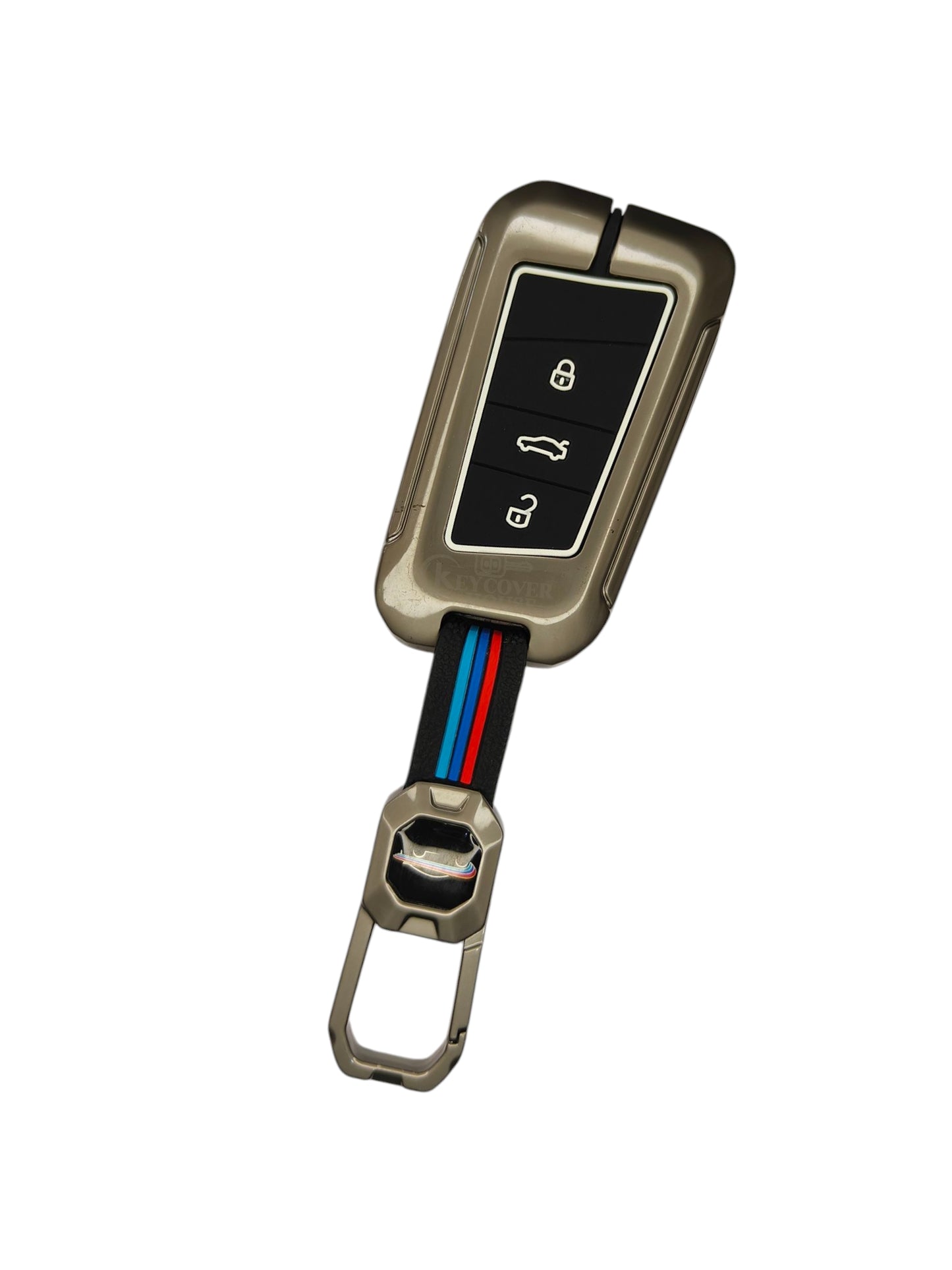 KEY COVER HOUSE Metal Striped Key Cover And Key Chain Compatible For Scoda "Jetta/Karoq/Kodiaq/Octavia/ PassatHighline/Superb/Tiguan/T-Roc/Kushaq"3 Button Smart Key