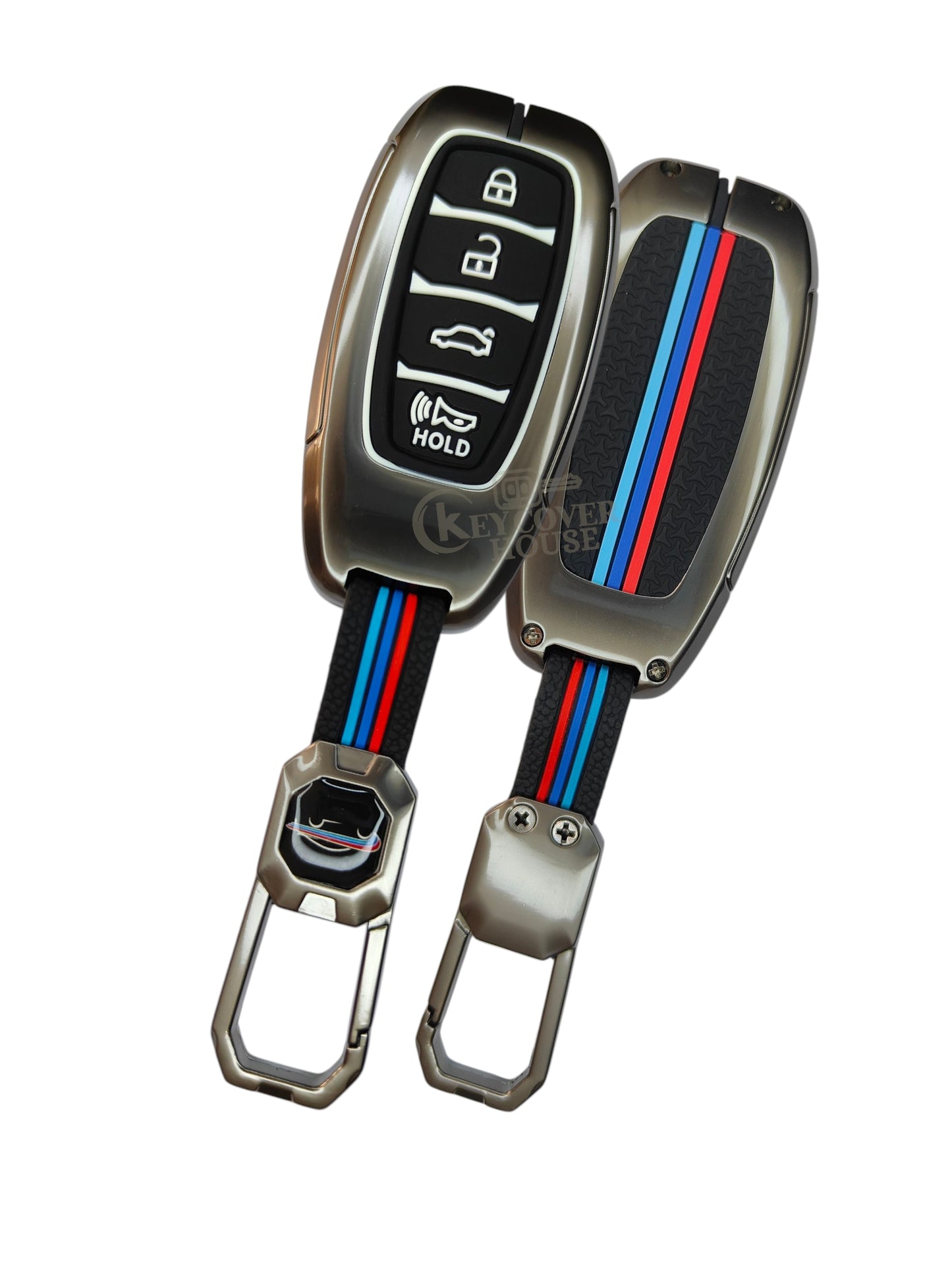 KEY COVER HOUSE Metal Striped Key Cover And Key Chain Compatible For New Verna 2020/Tucson 2021,4Button Smart key