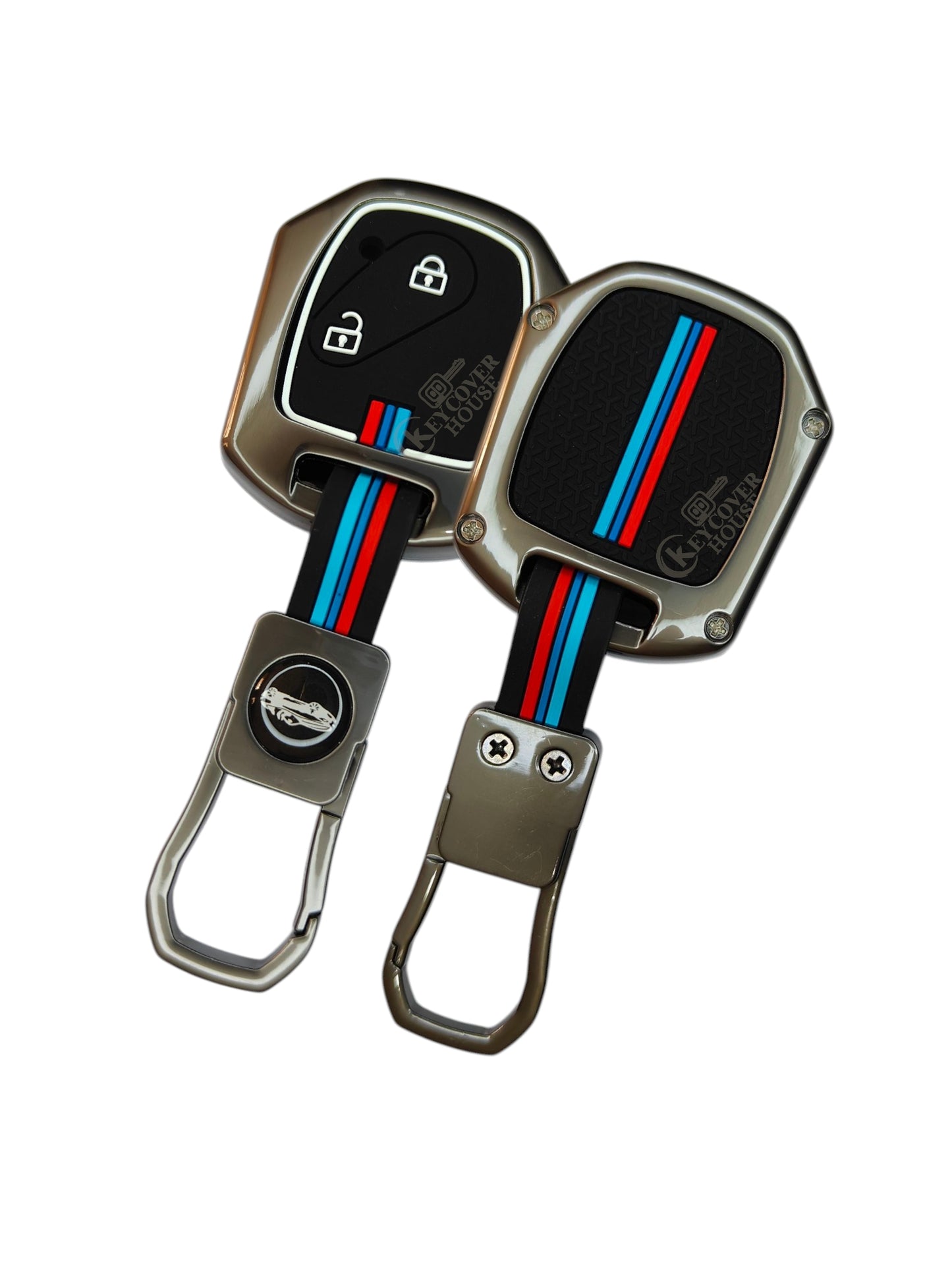 KEY COVER HOUSE Metal Striped Key Cover And Key Chain Compatible For Honda "Amaze/Brio/City/Civic/ CR-V/Jazz/Mobilio"2 Cross Button