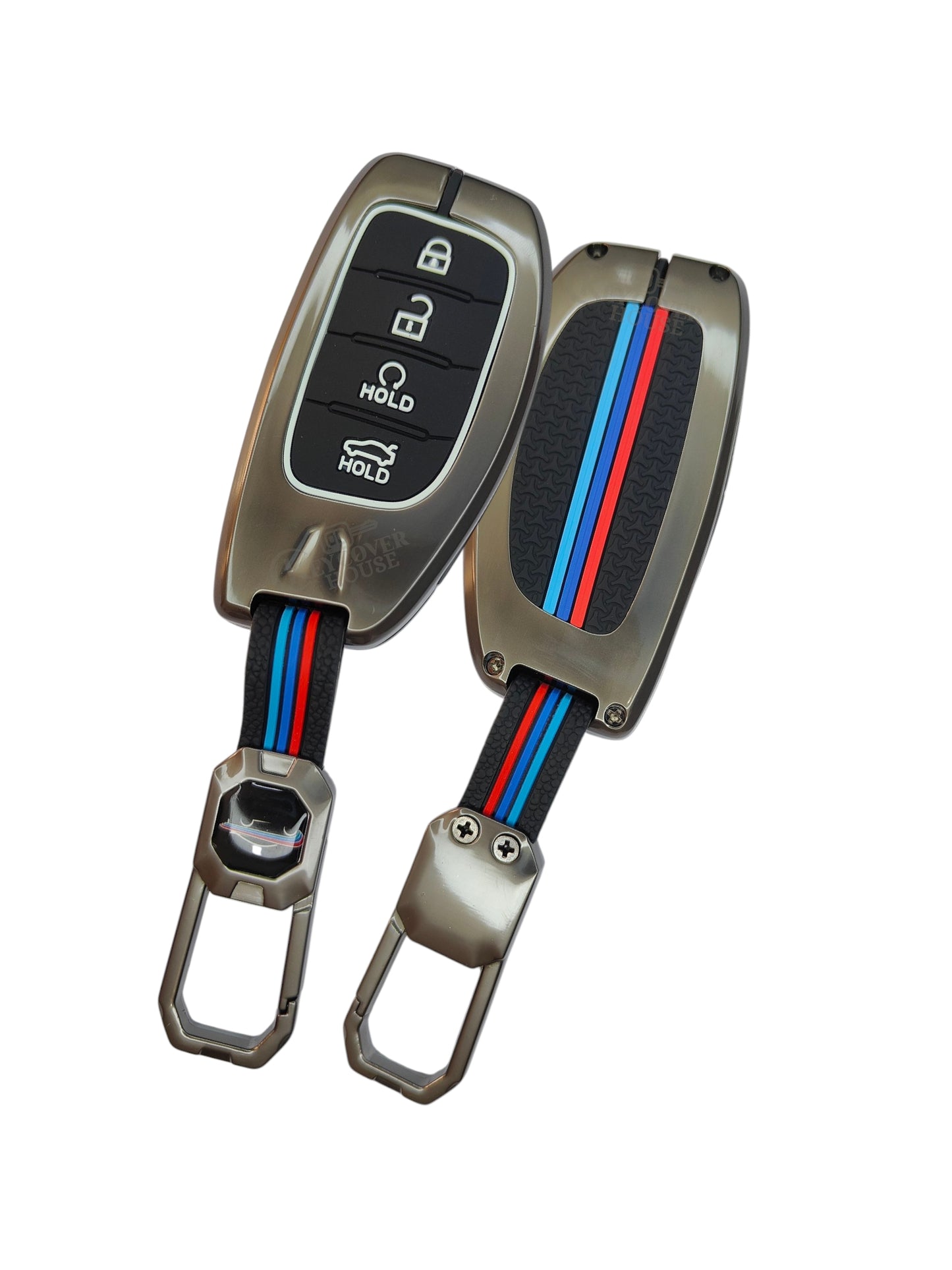 KEY COVER HOUSE Metal Striped Key Cover And Key Chain Compatible For "Aura/Creta/Elantra/i10 Grand/ i10 Grand Nios/i20 Active/ i20 Elite/Tucson/Verna 4S/Xcent"4 Button smart key