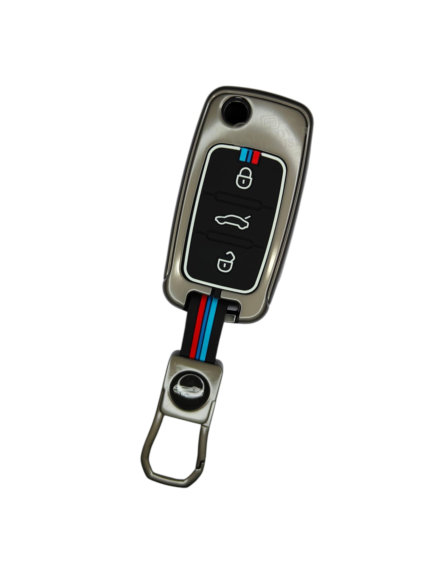 KEY COVER HOUSE Metal Striped Key Cover And Key Chain Compatible For "Ameo/Fabia/Jetta/Laura/ Octavia<2014/Polo/Rapid/Superb/Vento/Yeti"3Button Flip Key