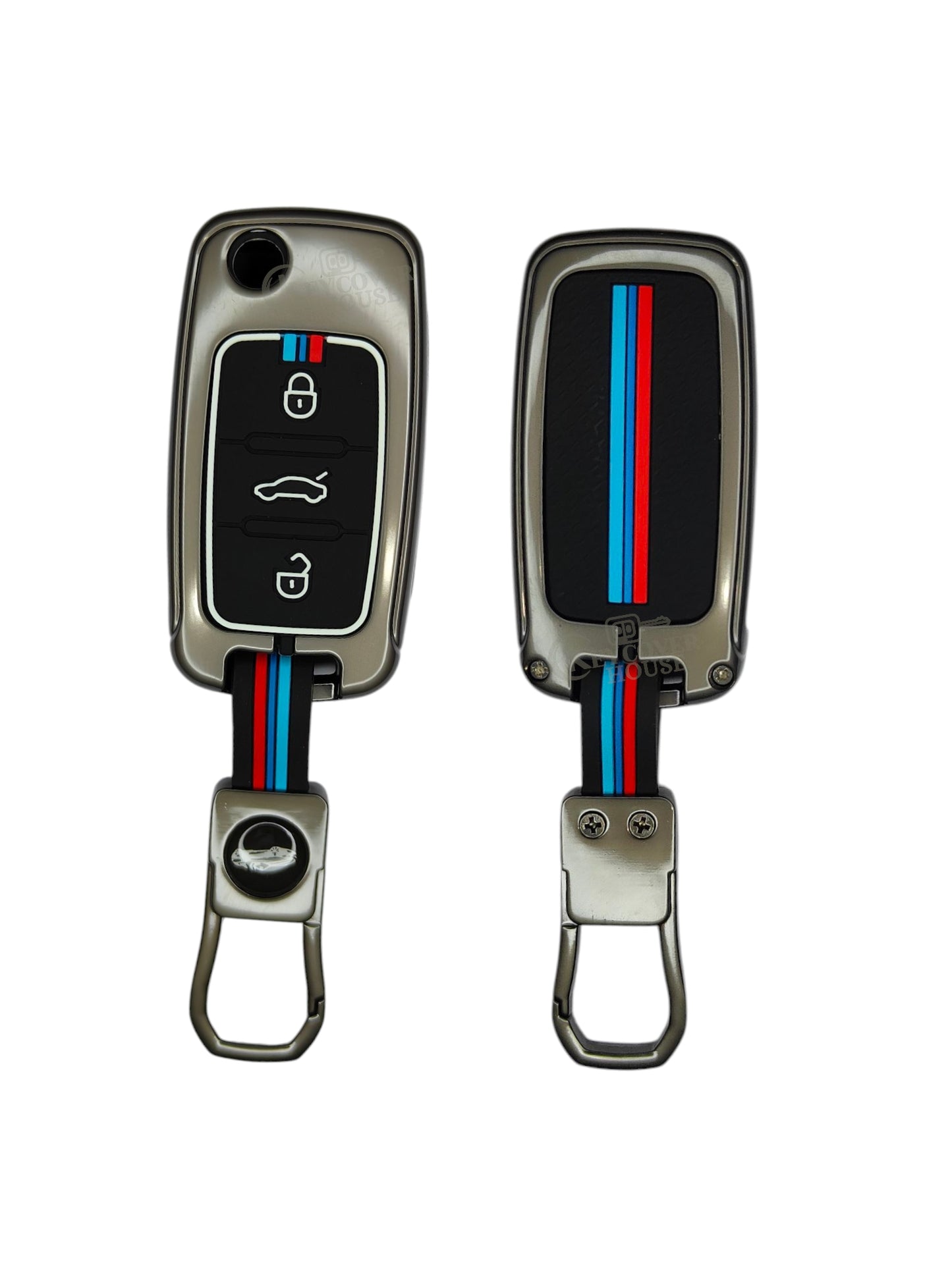 KEY COVER HOUSE Metal Striped Key Cover And Key Chain Compatible For "Ameo/Fabia/Jetta/Laura/ Octavia<2014/Polo/Rapid/Superb/Vento/Yeti"3Button Flip Key