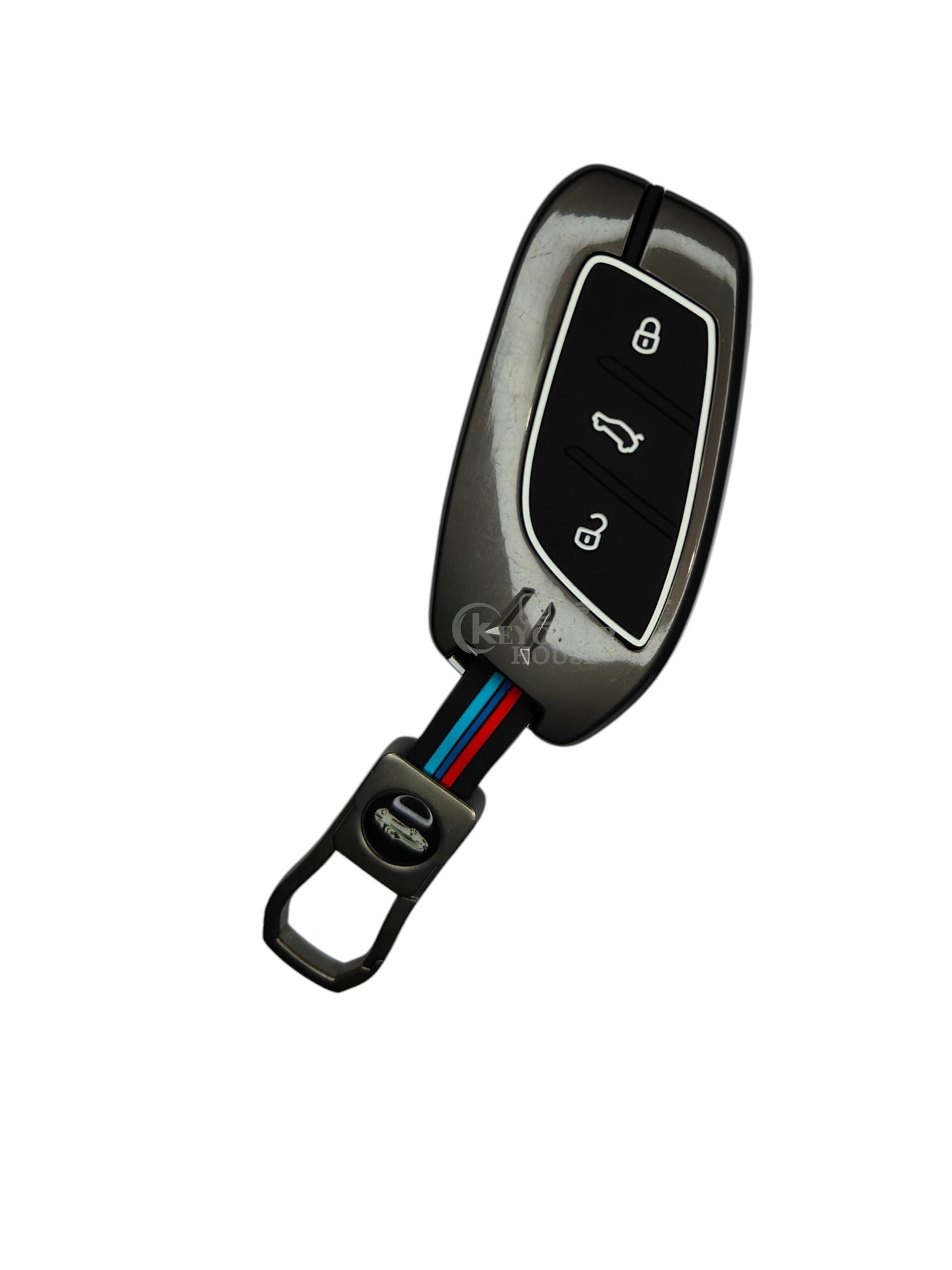 KEY COVER HOUSE Metal Striped Key Cover And Key Chain Compatible For MG ZS EV, Astor Hector 3 Button Smart Key