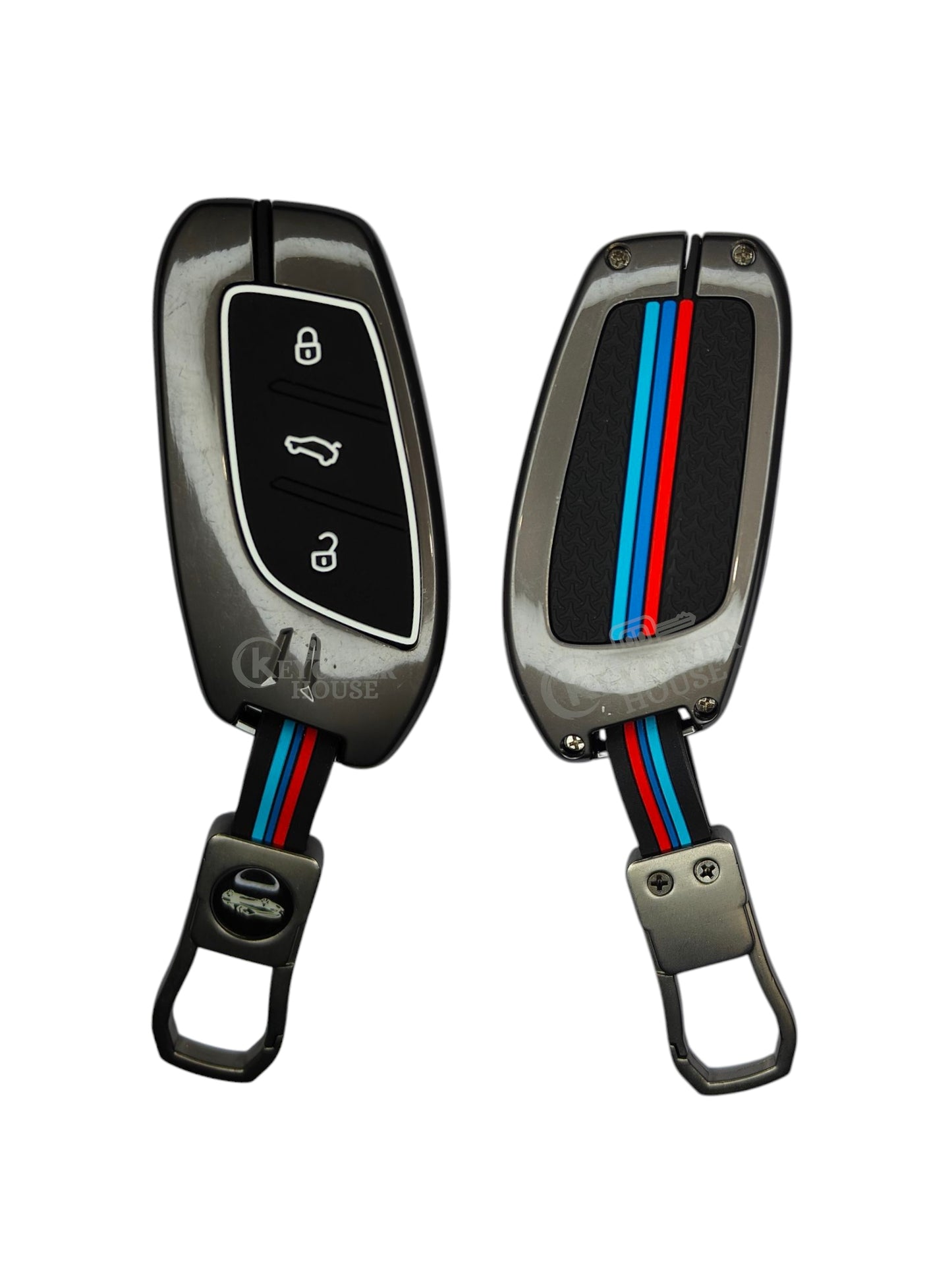 KEY COVER HOUSE Metal Striped Key Cover And Key Chain Compatible For MG ZS EV, Astor Hector 3 Button Smart Key