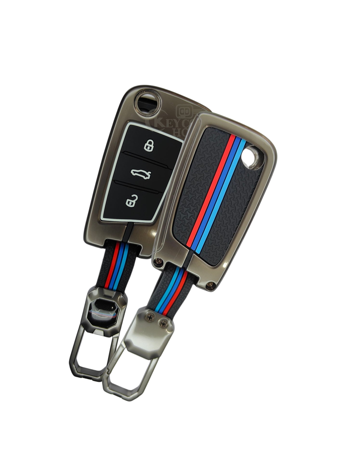 KEY COVER HOUSE Metal Striped Key Cover And Key Chain Compatible For "Jetta/Karoq/Kodiaq/Octavia/ PassatHighline/Superb/Tiguan/T-Roc"3 Button Flip Key