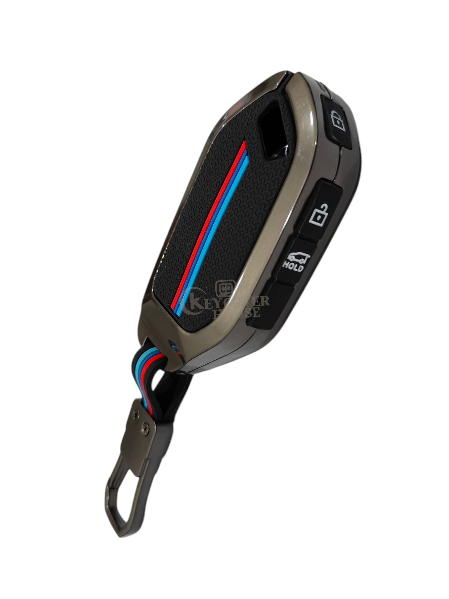 KEY COVER HOUSE Metal Striped Key Cover And Key Chain Compatible For Metal Key Cover Compatible with Kia Syros, EV6 EV9 4 Button Smart Key - Key Cover House