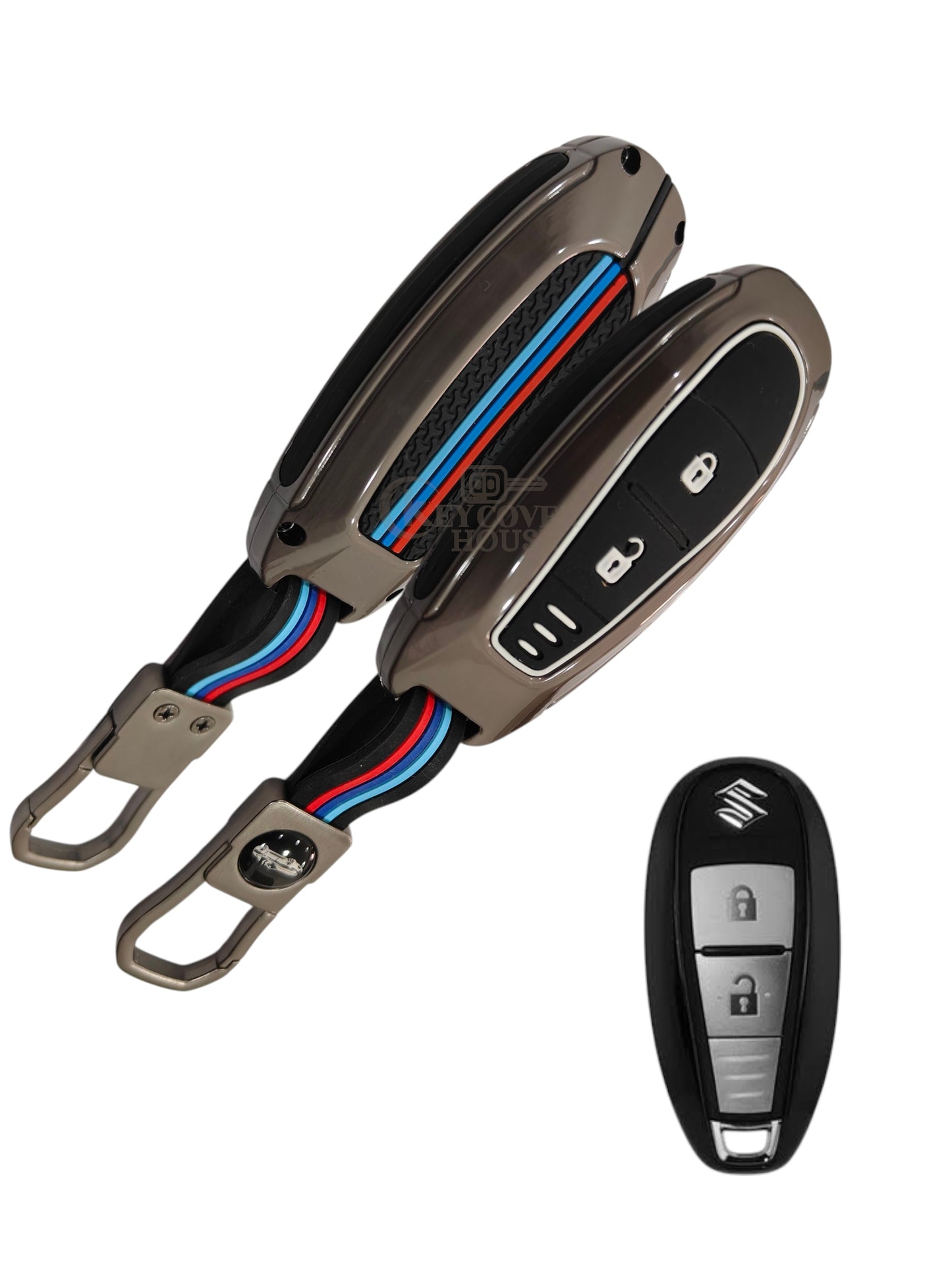KEY COVER HOUSE Metal Striped Key Cover And Key Chain Compatible For Baleno, Ciaz, Ignis, SCross, Vitara Brezza, Urban Cruiser Filter 2 button smart key