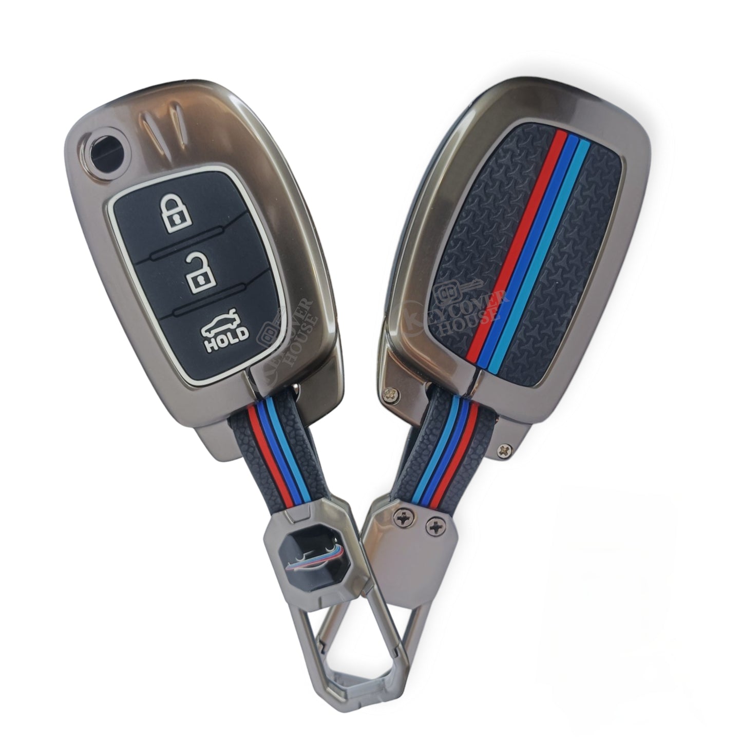 KEY COVER HOUSE Metal Striped Key Cover and Key Chain Compatible for Hyundai Creta I Venue I Tucson I Alcazar I i20 I Grand i10 Nios I Aura I Xcent I Exter 3 Button Flip Key