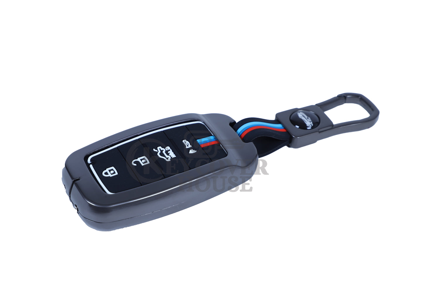 KEY COVER HOUSE Metal Striped Key Cover and Key Chain Compatible for Kia Seltos Car 4 Button Smart Key