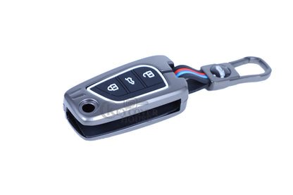 KEY COVER HOUSE Metal Striped Key Cover And Key Chain Compatible For Corolla Altis/Innova Crysta 3 Button Flip Key