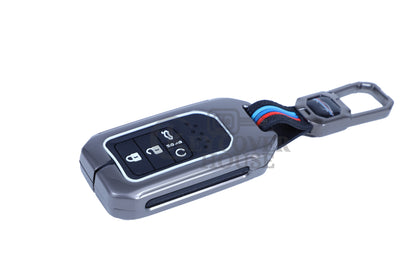KEY COVER HOUSE Metal Striped Key Cover And Key Chain Compatible For  Honda "Accod/BR-V/City/Civic/ CR-V/Jazz/WR-V"4 button Smart Key