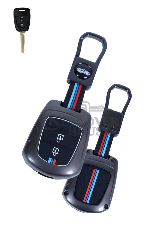 KEY COVER HOUSE Metal Striped Key Cover And Key Chain Compatible For I10 Grand | Santro | Eon 2 Button Smart