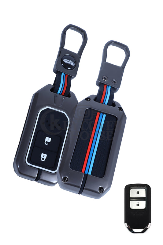 KEY COVER HOUSE Metal Striped Key Cover And Key Chain Compatible For Honda "Accod/BR-V/City/Civic/ CR-V/Jazz/WR-V"2 Button Smart Key