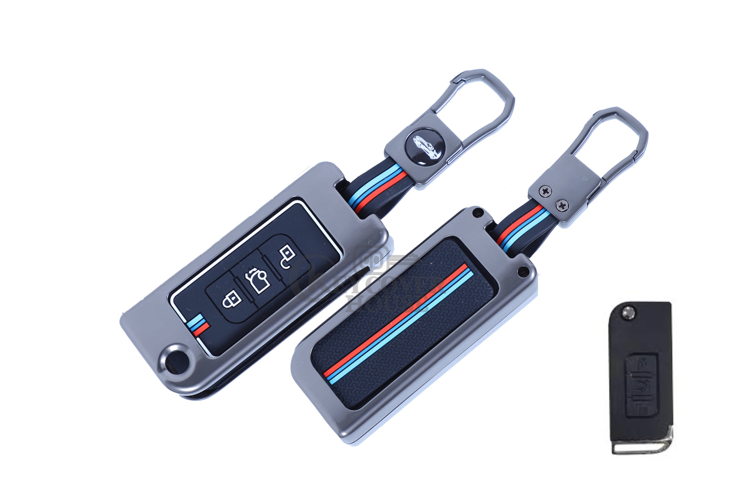 KEY COVER HOUSE Metal Striped Key Cover And Key Chain Compatible For Mahendra Old XUV 500,3 Button Flip Key - Key Cover House