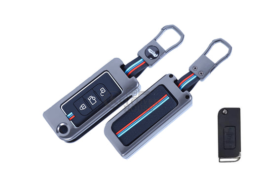 KEY COVER HOUSE Metal Striped Key Cover And Key Chain Compatible For Mahendra Old XUV 500,3 Button Flip Key - Key Cover House