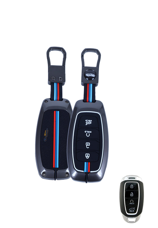 KEY COVER HOUSE Metal Striped Key Cover And Key Chain Compatible For Hyundai Verna 2024 2023 | i20 Facelift N Line,N8 Car,4 button smart key