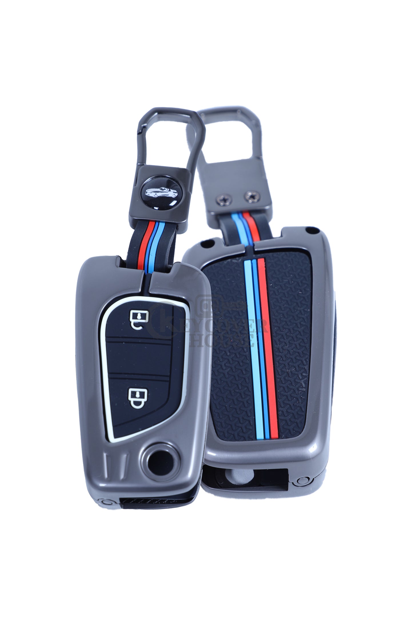 KEY COVER HOUSE Metal Striped Key Cover And Key Chain Compatible For Innova Crysta, Corolla Altis, 2 Button Flip Key