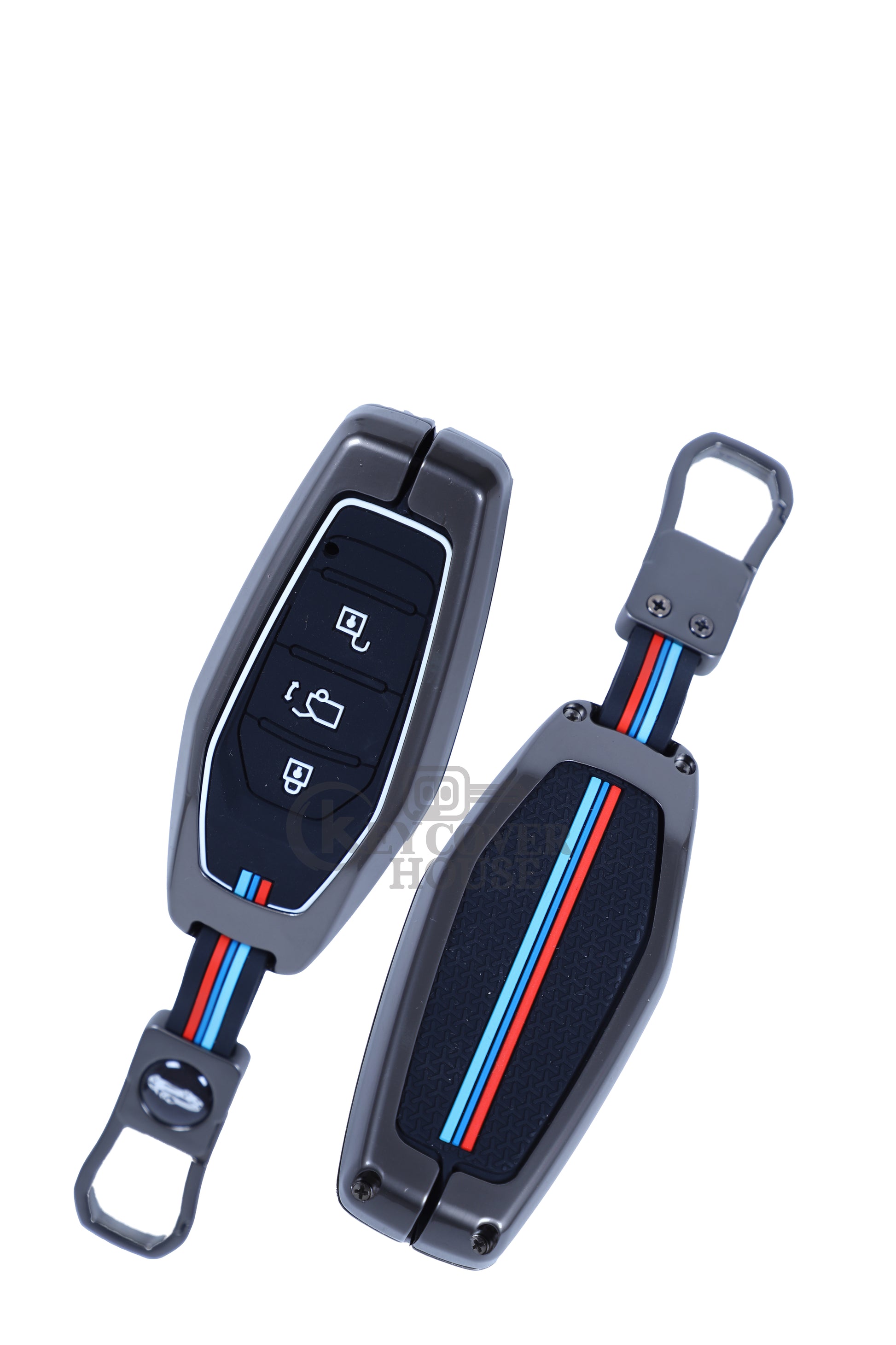 KEY COVER HOUSE Metal Striped Key Cover And Key Chain Compatible For Mahendra XUV 500,3 Button Smart Key - Key Cover House