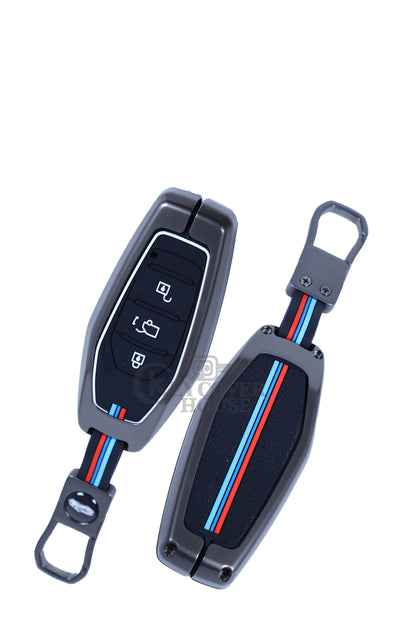 KEY COVER HOUSE Metal Striped Key Cover And Key Chain Compatible For Mahendra XUV 500,3 Button Smart Key - Key Cover House