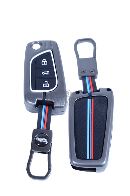 KEY COVER HOUSE Metal Striped Key Cover And Key Chain Compatible For Corolla Altis/Innova Crysta 3 Button Flip Key