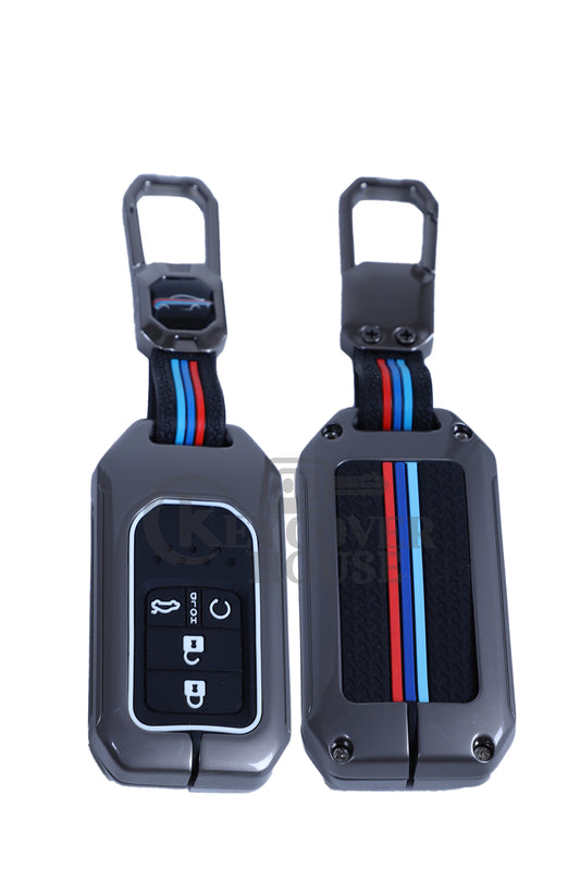 KEY COVER HOUSE Metal Striped Key Cover And Key Chain Compatible For  Honda "Accod/BR-V/City/Civic/ CR-V/Jazz/WR-V"4 button Smart Key