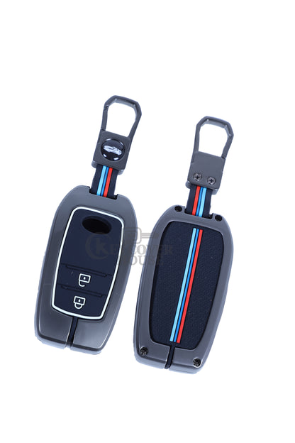 KEY COVER HOUSE Metal Striped Key Cover And Key Chain Compatible For Fortuner/Innova Crysta 2 Button smart key