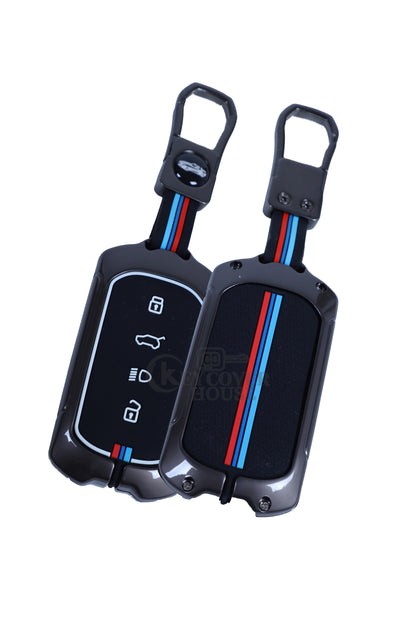 KEY COVER HOUSE Metal Striped Key Cover And Key Chain Compatible For Tata Curve EV 2024