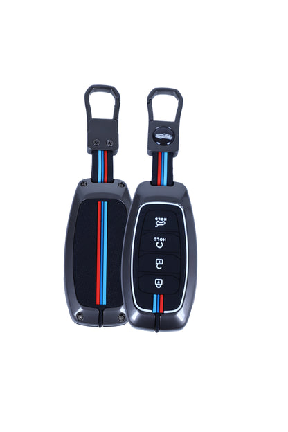 KEY COVER HOUSE Metal Striped Key Cover And Key Chain Compatible For Hyundai Verna 2024 2023 | i20 Facelift N Line,N8 Car,4 button smart key