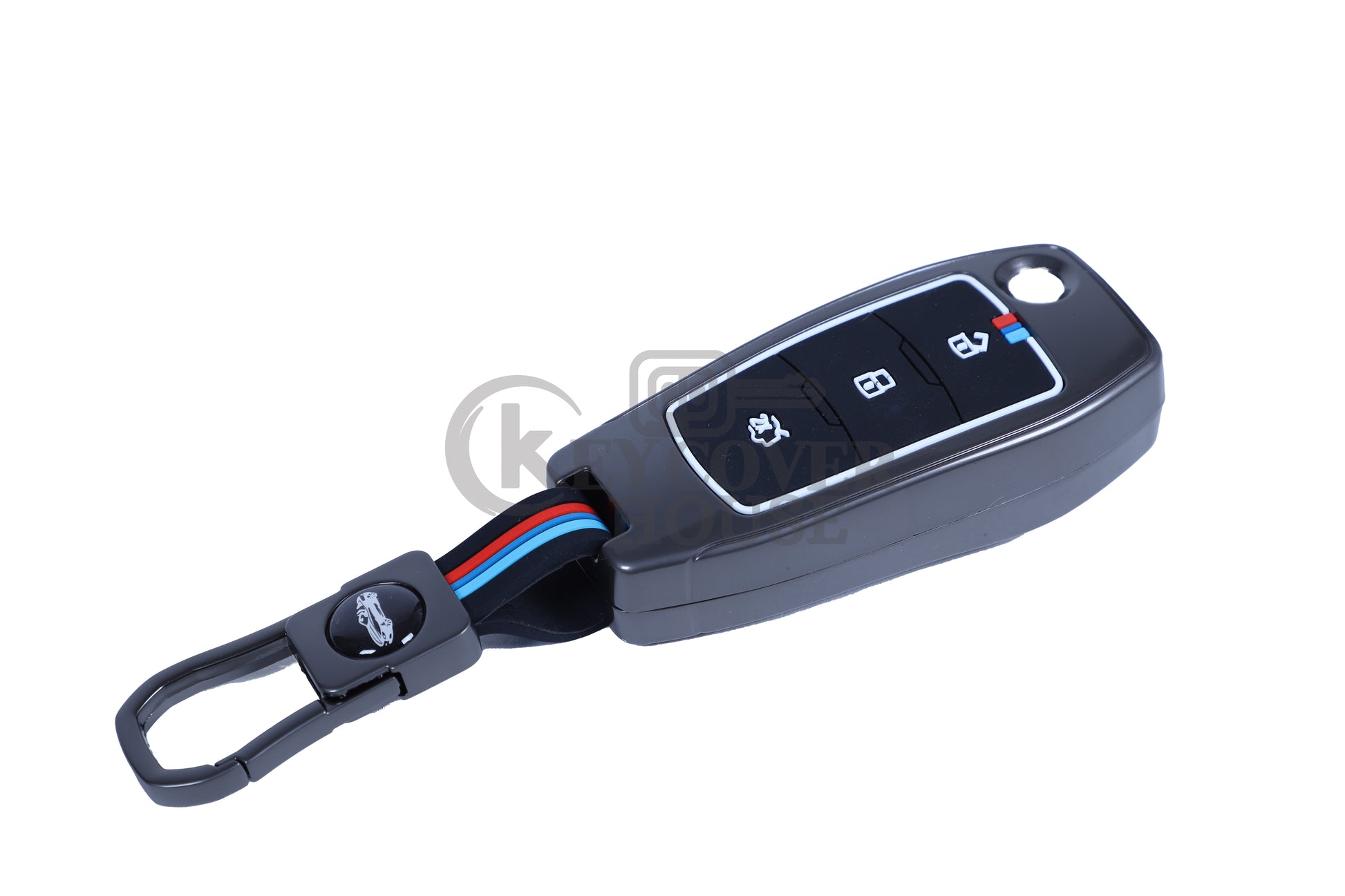 KEY COVER HOUSE Metal Striped Key Cover And Key Chain Compatible For Ford Endeavour , Figo , Aspire , Freestyle 3 Button Flip Key - Key Cover House