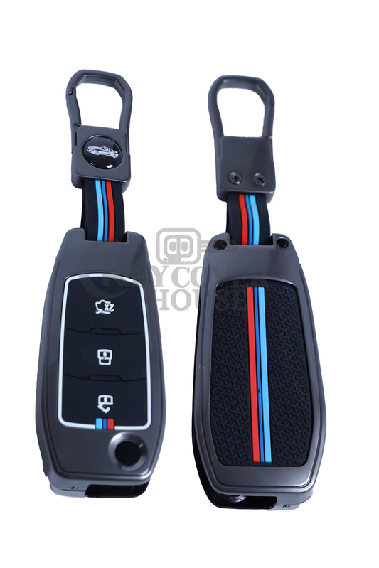KEY COVER HOUSE Metal Striped Key Cover And Key Chain Compatible For Ford Endeavour , Figo , Aspire , Freestyle 3 Button Flip Key - Key Cover House