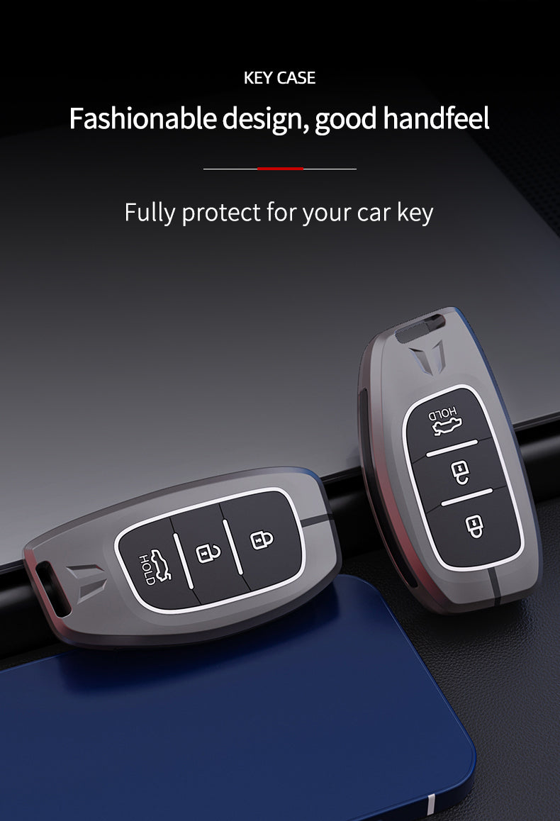 KEY COVER HOUSE Metal Striped Key Cover and Key Chain Compatible for Hyundai Creta I Venue I Tucson I Alcazar I Verna I Xcent I Aura I Elantra 3 Button Smart Key