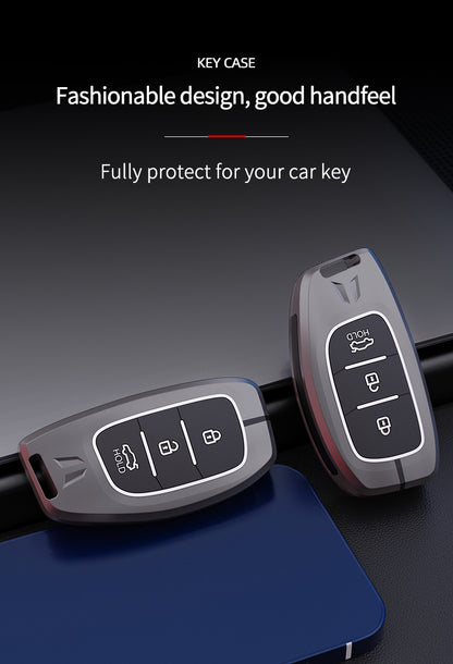 KEY COVER HOUSE Metal Striped Key Cover and Key Chain Compatible for Hyundai Creta I Venue I Tucson I Alcazar I Verna I Xcent I Aura I Elantra 3 Button Smart Key